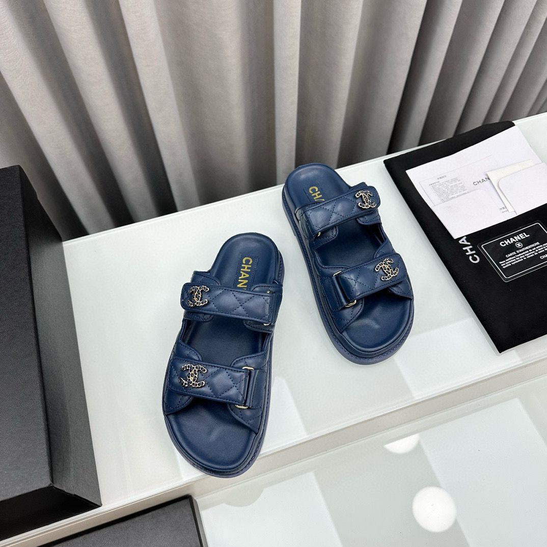 Chanel Original Leather Slipper Shoes HM30212 Dark Blue
