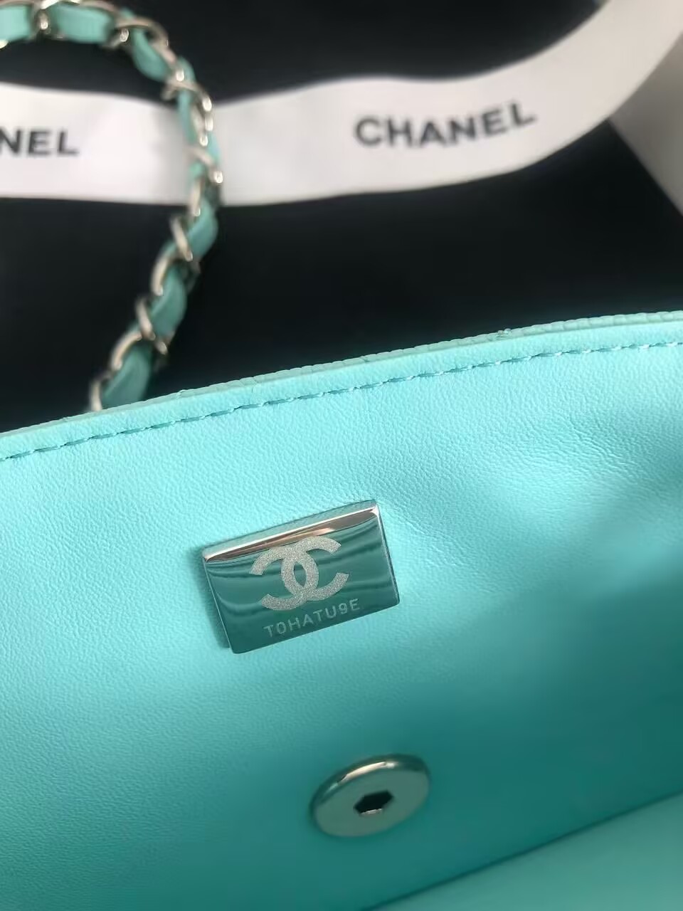 Chanel Flap Shoulder Bag Grained Calfskin Caviar Leather A01116 silver-Tone Metal sky blue