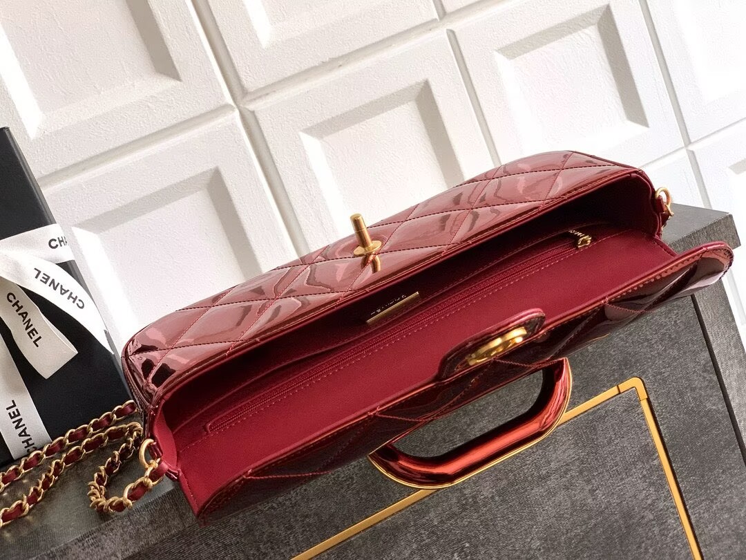 Chanel 25K Original Patent Leather Top Handle Bag A6321 Wine