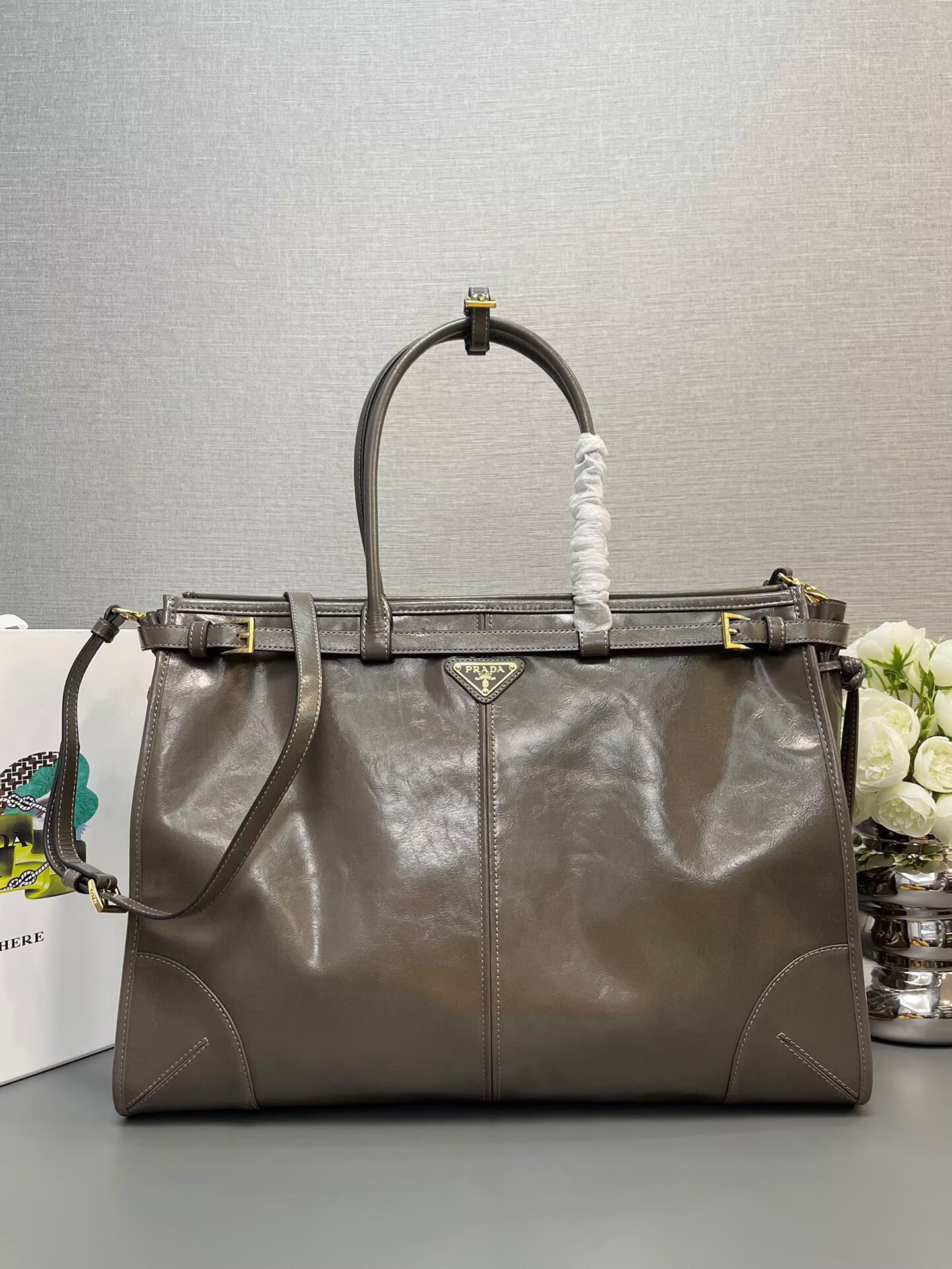 Prada Large Bonnie Leather Tote Bag 1BA439 Khaki Grey