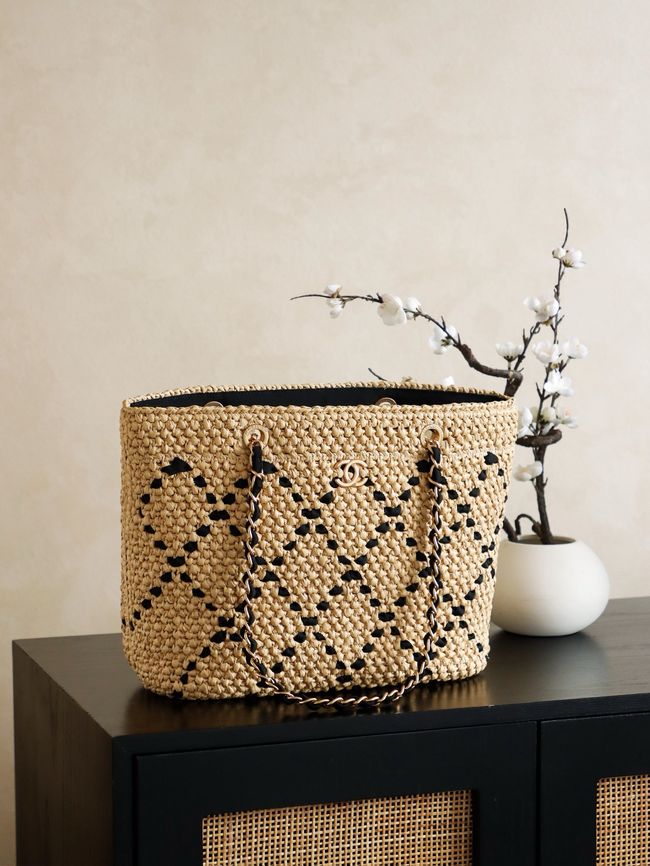 CHANEL Large Braided Straw Shoulder Bag AS5956 Apricot and black