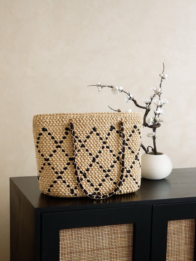 CHANEL Large Braided Straw Shoulder Bag AS5956 Apricot and black